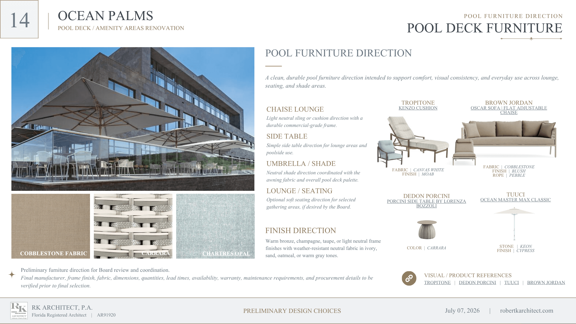 Ocean Palms furniture direction presentation page