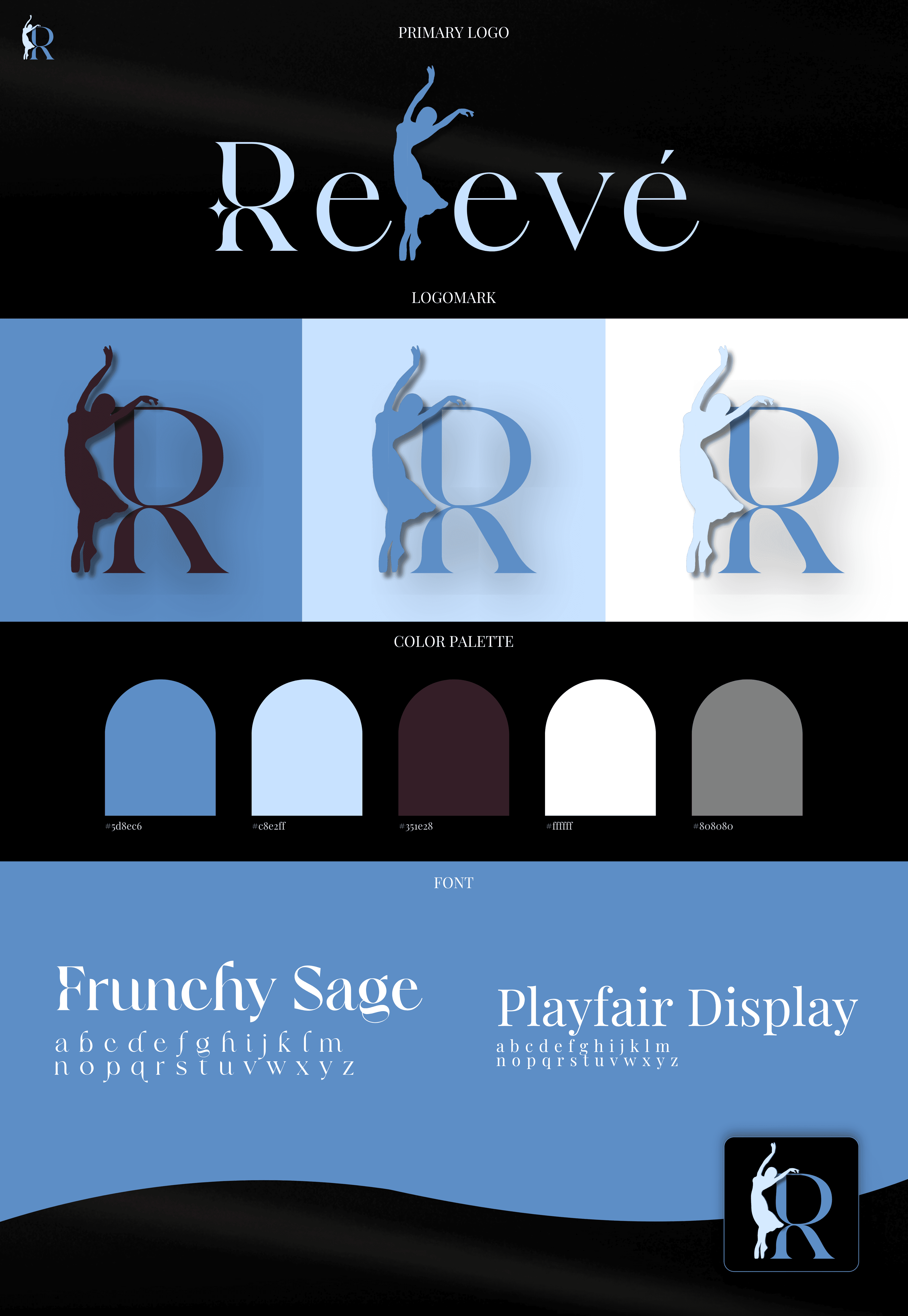 Relevé Capital brand kit featuring the ballerina logo, logomark, color palette, and typography