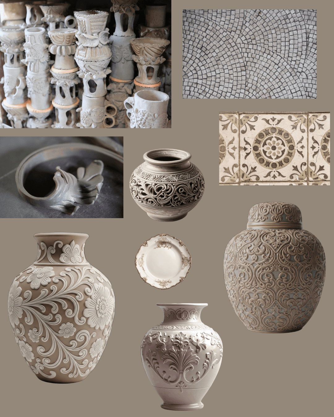 Mood board for The Carved Archive ceramic collection