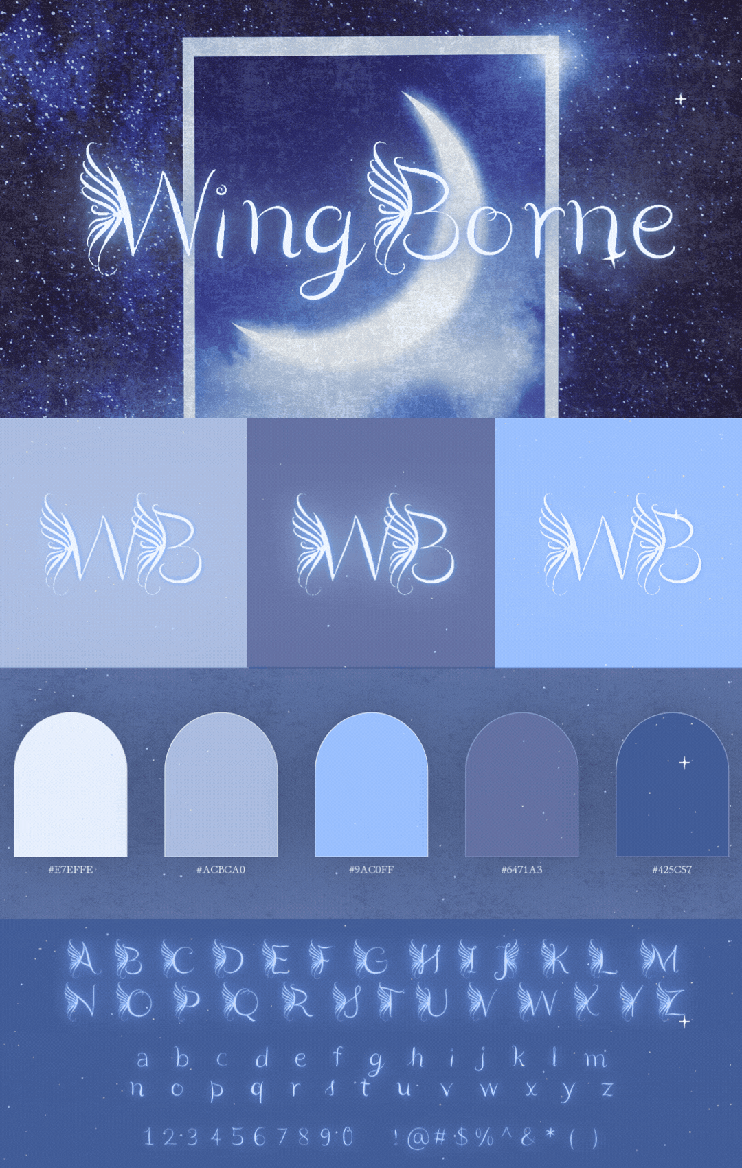 WingBorne font displayed in a dreamy blue and purple visual study