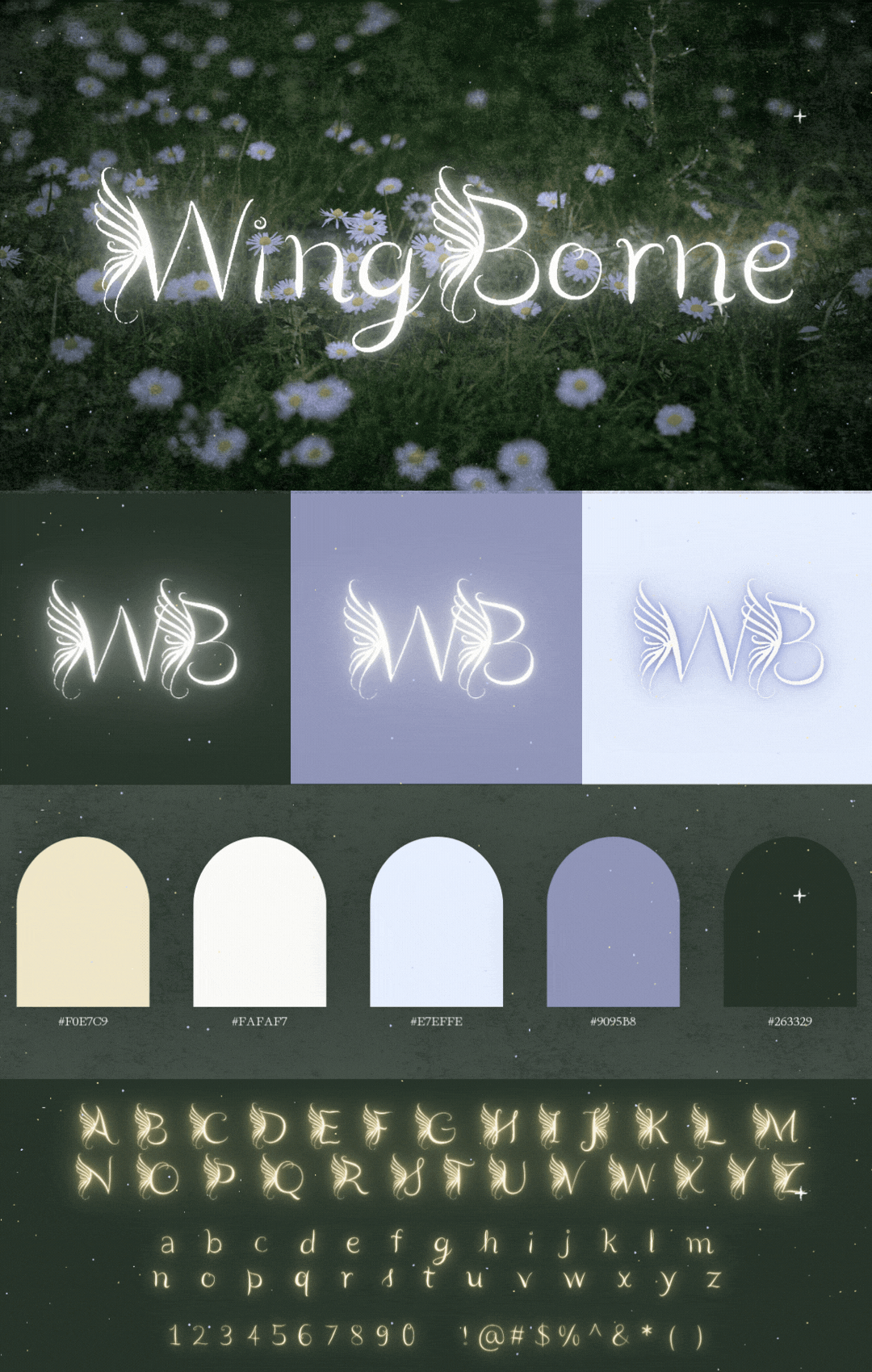 WingBorne font displayed in a green and purple woodland visual study